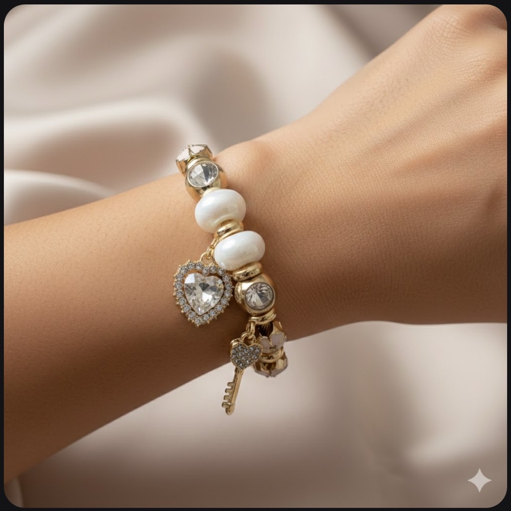 Silver Charm Bracelet with White Bead